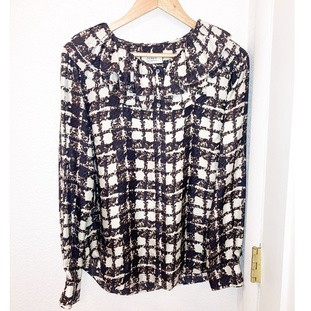 NWOT J. CREW 💯 Silk Twill Black & Ivory Plaid Ruffle Collar Blouse SZ: Medium